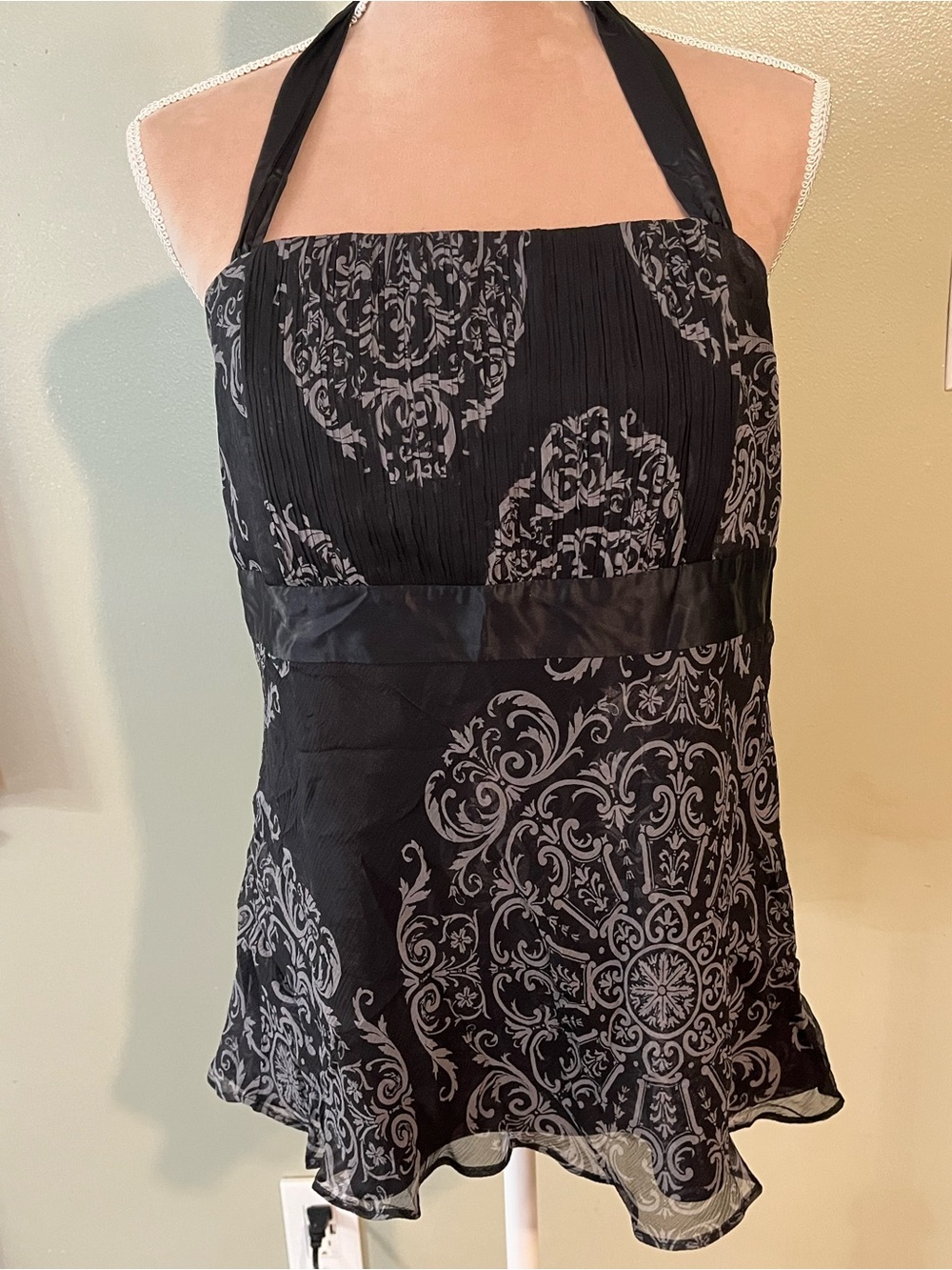 Black Halter Neck Damask Print Top Grunge Y2K 100% Silk Size 12